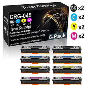 8-Pack Compatible High Yield (Black 1,400 Pages and Colour 1,300 Pages) 045 (CRG-045) Toner Cartridge (2K+2C+2Y+2M) Used for Canon Color imageCLASS MF634Cdw LBP612Cdw Printer