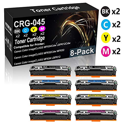 8-Pack Compatible High Yield (Black 1,400 Pages and Colour 1,300 Pages) 045 (CRG-045) Toner Cartridge (2K+2C+2Y+2M) Used for Canon Color imageCLASS MF634Cdw LBP612Cdw Printer