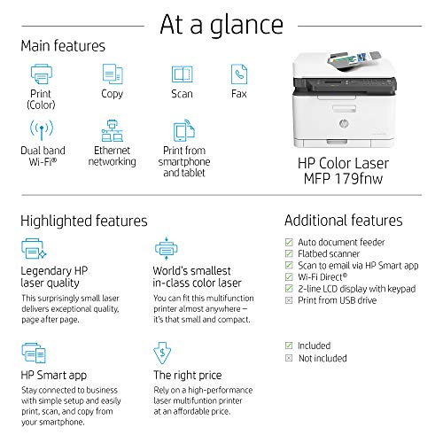 HP Color Laser 179Fnw Wireless All in One Laser Printer with Mobile Printing & Built-in Ethernet (4ZB97A)
