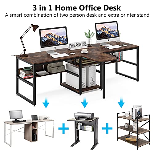 Tribesigns 94.5 inch Two Person Desk with Storage Shelves, Extra Long Computer Desk with Priter Shelf, Double Workstation Office Desk Study Writing Desk with Bookshelf for Home Office (Rustic Brown)