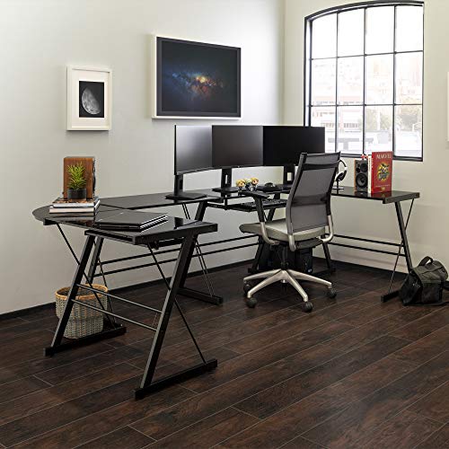 Walker Edison Modern Corner L Shaped Glass Computer Writing Gaming Gamer Command Center Workstation Desk Home Office, 2 Pack, Black