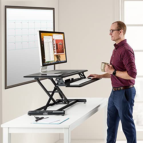 Seville Classics airLIFT Workstation Ergonomic Dual Monitor Riser with Keyboard Tray and Phone/Tablet Holder, Compact (30"), Black/Black