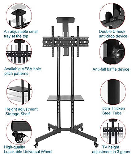 YokIma Universal Mobile TV Cart, 32-65 Inch Floor Stand with AV & Laptop Shelf, Height Adjustable, 110lbs Capacity