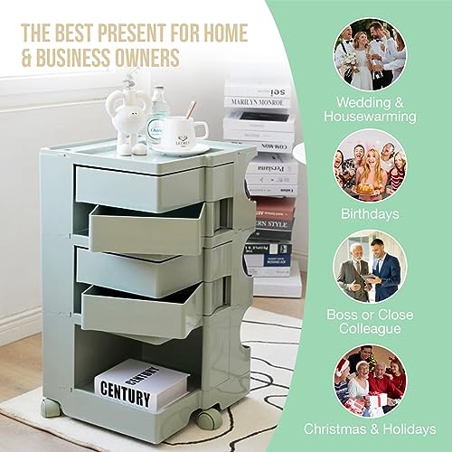 Trashaholic Multipurpose Utility Storage Cart - ABS Plastic Caddy with Wheels and Drawers - Professional Trolley Cart - Sage Green