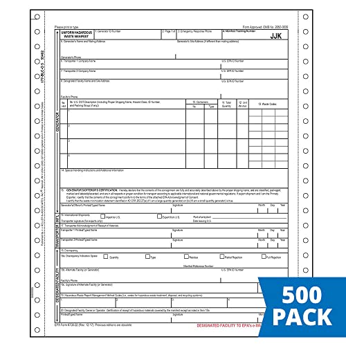 Uniform Hazardous Waste Manifest 500-pk. - Pin-Feed Continuous Format, 5-Ply, Carbonless, Perforated, 9.5" x 11" - Printed on EPA-Approved Registered Printer - J. J. Keller & Associates