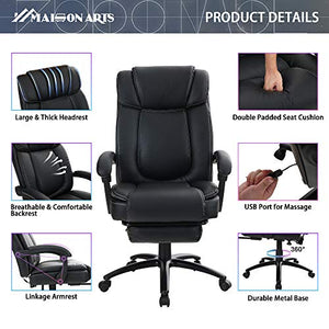 MAISON ARTS Big and Tall Bonded Leather Reclining Office Chair Task Chair, 400lb High Back Executive Massage Computer Desk Chair with Retractable Footrest and Metal Base for Home Office