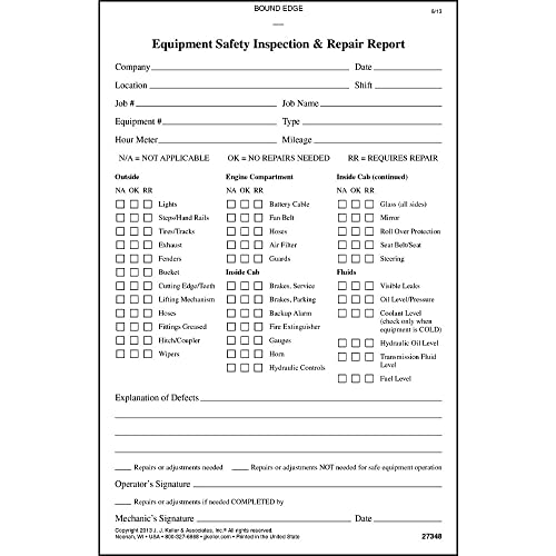 Equipment Safety Inspection Report 100-pk. - Book Format, 2-Ply, Carbonless, 5.5" x 8.5", 31 Sets of Forms Per Book - Detailed Report Helps Maintain Safe Workplace Utility Vehicles - J. J. Keller