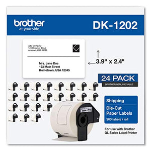 Brother Genuine DK-120224PK Die-Cut Shipping Paper Labels, Long Lasting Reliability, 300 Labels Per Roll, (24) Rolls per Box, White (DK120224PK)