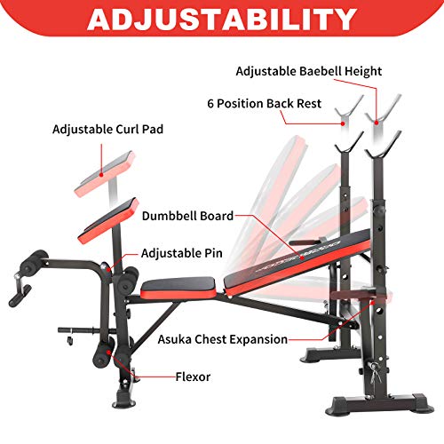 Olympic Weight Bench Adjustable Workout Bench Multifunctional Workout Station with Preacher Curl, Leg Developer for Indoor Exercise (Red)