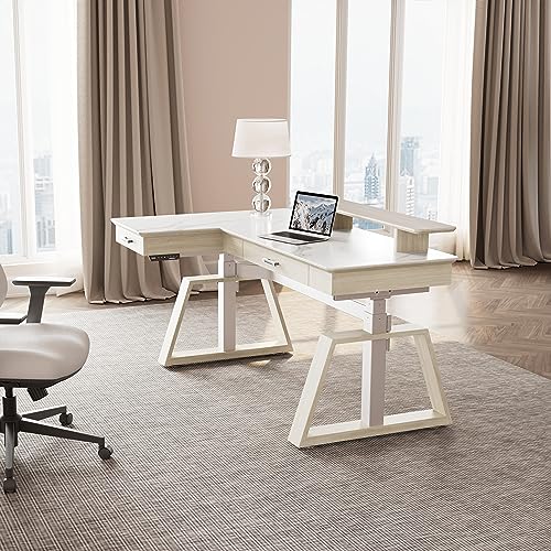 EUREKA ERGONOMIC Electric Standing Desk with Dual Drawers, 63" Height Adjustable L-Shaped Office Desk