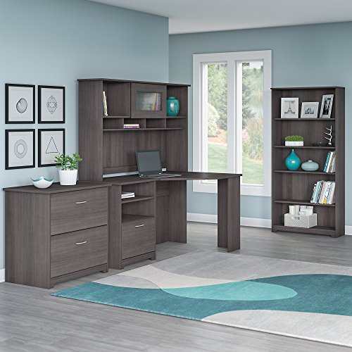 Cabot Corner Desk with Hutch, Lateral File Cabinet and 5 Shelf Bookcase