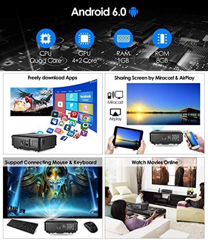 Projector Bluetooth WiFi Android 4400 Lumen LCD LED Multimedia Video Projector Home Theater Support HD 1080P Airplay HDMI USB RCA VGA AV for Gaming Fire TV Stick Smartphone DVD Laptop Outdoor Movie