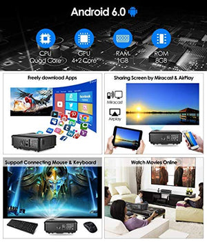 HD Video Projector Bluetooth WIFI Projector for Home Cinema Backyard Movie Game, 200 Inch Smart LED Projector with Speaker Zoom for iPhone Laptop DVD Player, HDMI VGA AV Cable Included