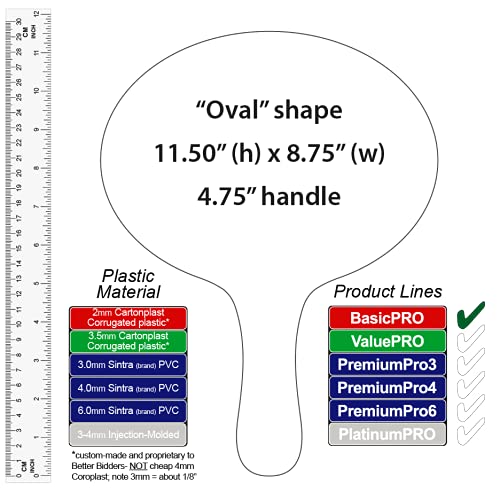 Better Bidders Plastic Paddles, Blank, 2mm Thick, White (150 Pack, Oval),"BasicPRO" line