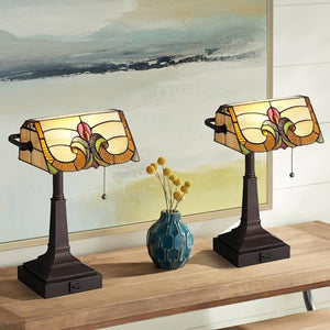 Robert Louis Tiffany Fleura Bronze Banker Desk Lamps Set of 2