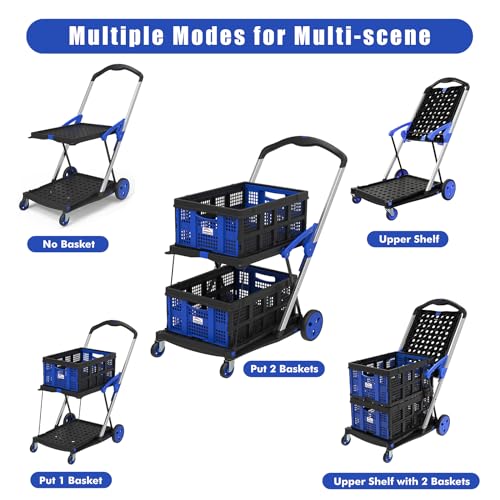 LEADALLWAY Grocery Shopping Cart with 2 Storage Crates - Collapsible Blue Cart