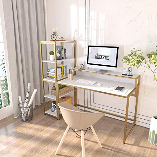 Teraves Computer Desk with 5 Tier Shelves & Reversible L Shaped Desk with Shelves Round Corner Computer Desk Gaming Table Workstation for Home Office