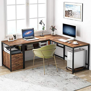 Tribesigns 70 Inch Modern L-Shaped Desk with Bookcase and Cabinet, L Shapes Computer Desk Study Table Super Sturdy Workstation with Drawers for Home Office with Hutch