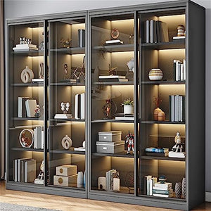 KWOKING Modern Wooden Bookshelf with Sliding Glass Doors - Grey, 31"L x 16"W x 79"H