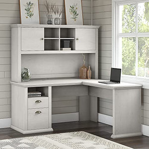 Bush Furniture Yorktown 60-Inch Corner Desk with Hutch, Linen White Oak