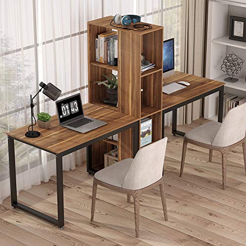 Tribesigns 91 Inches Two Person Computer Desk with Shelves, Extra Large Double Workstations Office Desk with Storage for Home Office (Dark Walnut)