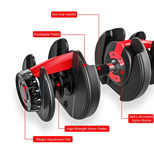 Adjustable Dumbbell Weight to 52.5 Lbs, Black and Red, Professional Comprehensive Training Equipment for Home Gym, Non-Slip Handle for Strengt