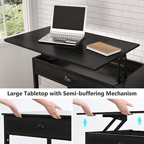 Tribesigns Modern Lift Top Computer Desk with Drawers, 47 inch Writing Desk Study Table Workstation with Storage Shelves, Height Adjustable Standing Desk for Home Office, Small Spaces(Black)