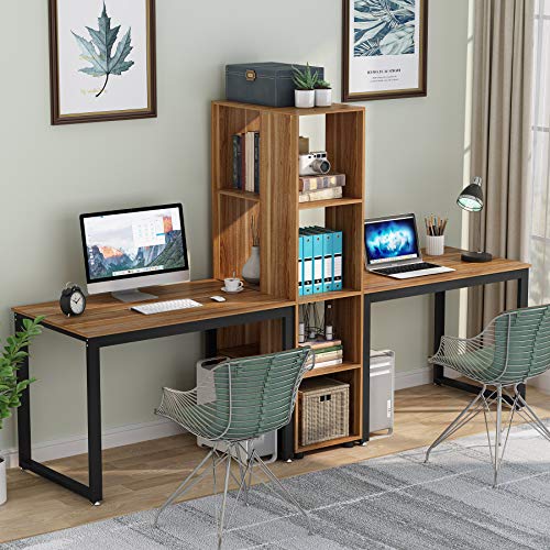 Tribesigns Double Computer Desk with Bookshelf, 91.7 Inches Extra Long Two Person Desk with Storage Shelves, Writing Desk Workstation for Home Office (Brown)