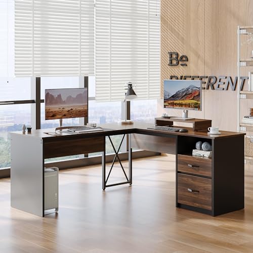 Bestier L Shaped Desk with File Drawer and Reversible Storage Drawers, Walnut, 55'' x 55''