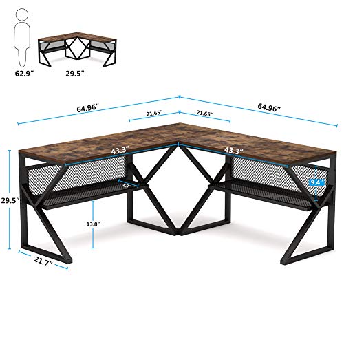Tribesigns 3 Piece K-Frame L-Shaped Desk with Bookshelf, Corner Computer Office Desk PC Laptop Gaming Table Workstation with Open Storage Shelves for Home Office, Rustic Brown