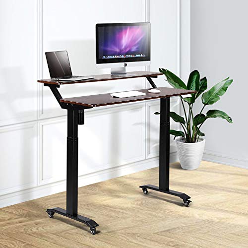 UNICOO - Electric Height Adjustable Standing Desk, Electric Standing Workstation Home Office Sit Stand Up Desk with 4 Pre-Set Memory Led Display Controller (Mahogany Top/Black Legs - Electric-2 Tier)