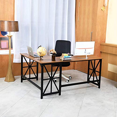GreenForest Large L Shaped Desk and Computer Desk Bundle, Industrial Gaming Writing Desk Home Office Furniture Set, Walnut