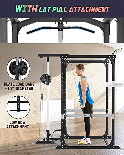 Power Squat Rack Power Cage with LAT Pulldown Attachments Power Squat Rack Adjustable Barbell Strength Training Smith Machine for Home Gym