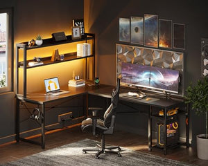 AODK L Shaped Gaming Desk with Hutch, Power Outlets, LED Strip, Monitor Stand - 66" Reversible Corner Computer Desk with Storage Shelves - Black