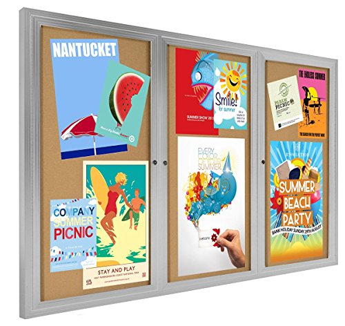 72 x 48 Inch Three-Door Enclosed Bulletin Board for Indoor Use, 6 x 4 Foot Cork Tack Board with Z-bar Wall-mounting Bracket, Silver Aluminum Frame