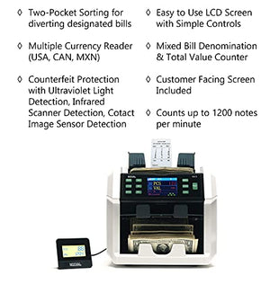 MIXVAL MV3 Mixed Money Counter Machine | 2-Pocket Premium Bank Grade w/Counterfeit Detector | Mixed Denomination, Currency & Bill Counting | Fast & Accurate Cash Counter | Customer Screen & Printer