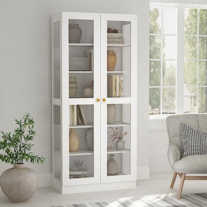 Homsee Tall 6-Tier Bookcase Bookshelf with Glass Doors, White - 31.5”L x 15.7”W x 70.9”H