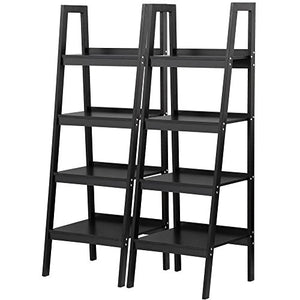 Topeakmart 4 Shelf Floor Standing Leaning/Corner Ladder Shelf Black Wood Bookcase/Bookshelf with Metal Legs/Frame