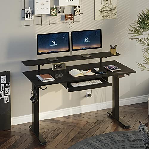 Rolanstar Standing Desk, Dual-Motor Adjustable Height Electric Stand Up Desk with Keyboard Tray, 47 Inch Home Office Desk with Whole-Piece Tabletop, Black