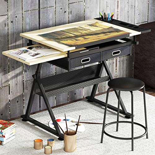 Lgan Drafting Table with Storage, Height Adjustable Tiltable Art Desk, Maple Panel Drawing Desk, for Work Study Painting Craft Table