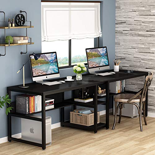 Tribesigns Two Person Desk with Bookshelf, 78.7 Computer Office Double Desk, Rustic Writing Workstation (Black)