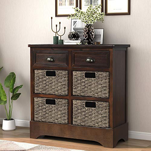 TREXM Rustic Storage Cabinet with Two Drawers and Four Classic Fabric Basket for Kitchen/Dining Room/Entryway/Living Room, Accent Furniture (Espresso)