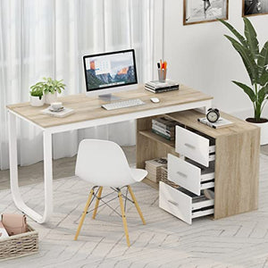 FUFU&GAGA L-Shaped Office Desk with File Cabinet, 3 Drawers & 2 Shelves - Beige
