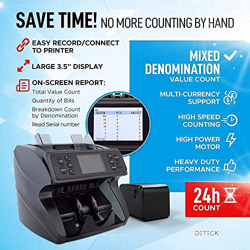 DETECK DT40P Printer and DT600 Bank Grade Money Counter Machine Mixed Denomination, Multi Currency Value Counting Money Machine, Serial Number, 2CIS/UV/IR/MG/MT Counterfeit Detection