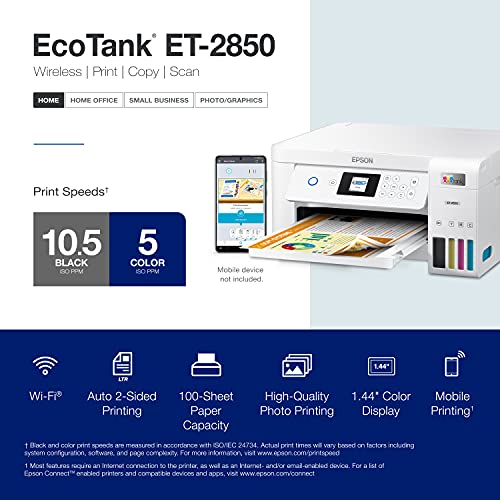 Epson EcoTank ET-2850 Wireless Color All-in-One Cartridge-Free Supertank Printer with Scan, Copy and Auto 2-Sided Printing – The Perfect Family Printer - White