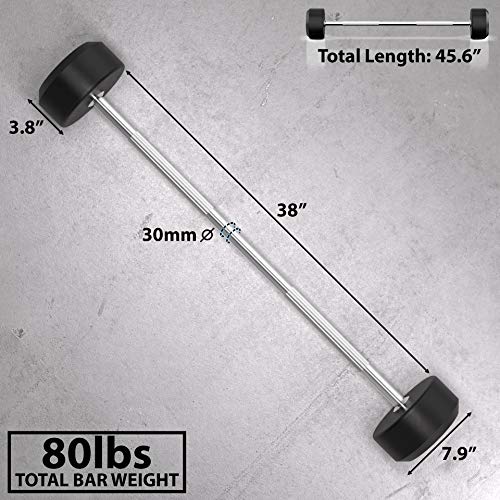 Synergee Fixed 80LB Barbell - Pre Weighted Straight Steel Bar with Rubber Weights - Fixed Weight