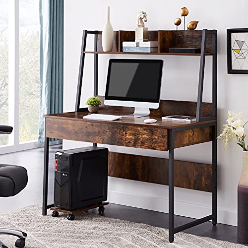 Rustic Wood Computer Desk with Hutch & Bookshelf for Home Office Dorm, Sturdy Gaming Table Study Writing Desk Workstation with Storage Drawers, Wheeled CPU Stand & Metal Frame for Small Spaces (Brown)