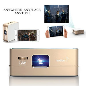 Ivation Pro3 Portable Rechargeable Smart DLP Projector - Streams via HDMI/MHL & USB Connections, Wi-Fi, Bluetooth - Compatible with DLNA, Miracast, Airplay Wireless Mirroring for iOS & Android - Gold