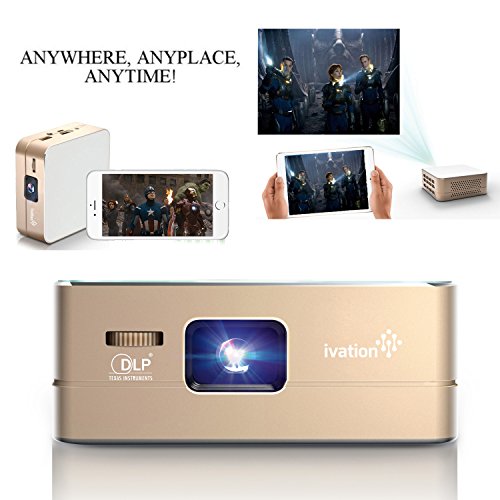 Ivation Pro3 Portable Rechargeable Smart DLP Projector - Streams via HDMI/MHL & USB Connections, Wi-Fi, Bluetooth - Compatible with DLNA, Miracast, Airplay Wireless Mirroring for iOS & Android - Gold
