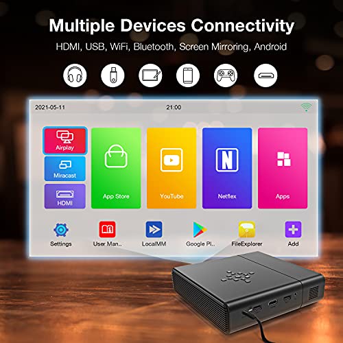 REXING PK2 Smart Projector Full HD 350 ANSI Lumens,3D Video, Digital Zoom, 30-120” DLP Projector, Android, HDMI, USB, WiFi, Miracast, YouTube, Netflix, Included Swivel Stand, Home Entertainment